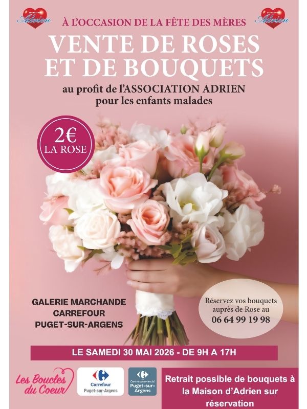 Vente de roses samedi 30 mai 2026 Carrefour Puget/argens Association Adrien